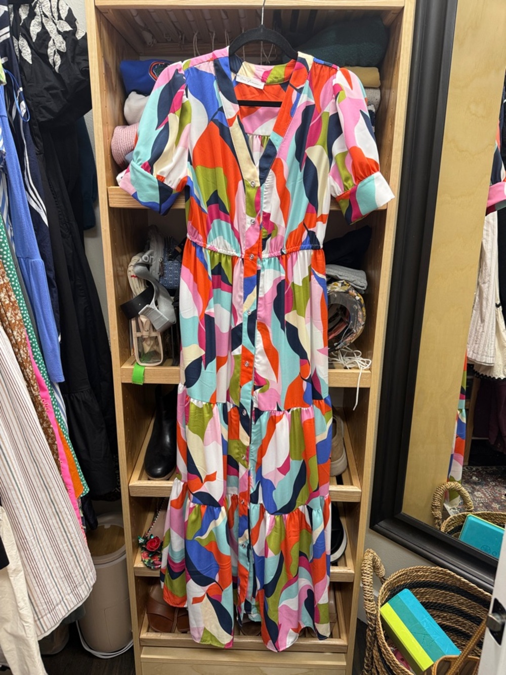 Ces Femme Multicolor Abstract Tiered Maxi Dress - Pink, Blue, Green, Orange